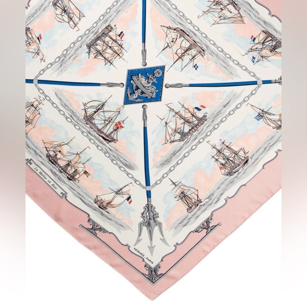 HERMES Never Worn Vintage “The Wooden Marine” Pink Carre 90 Silk Twill Scarf - Picture 2 of 16